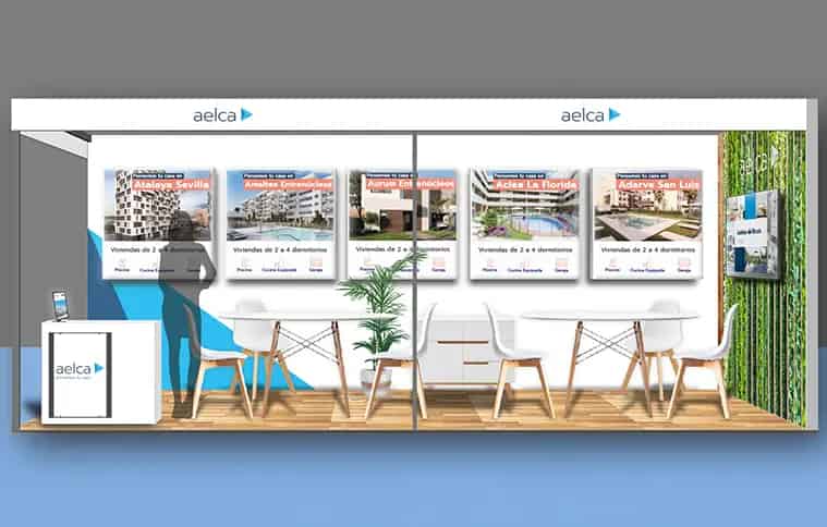 Aelca real estate exhibition stand design featuring modern white display walls with property brochures, contemporary seating area, and branded elements for Spanish business event.