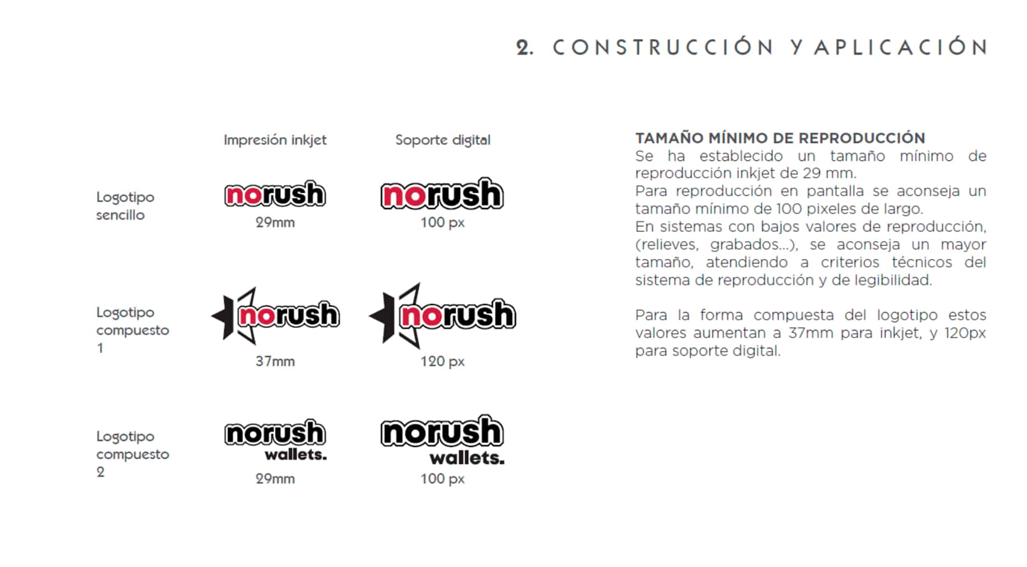 Brand identity manual page for noRush showing logo construction guidelines, minimum size specifications, and application rules for print and digital media.