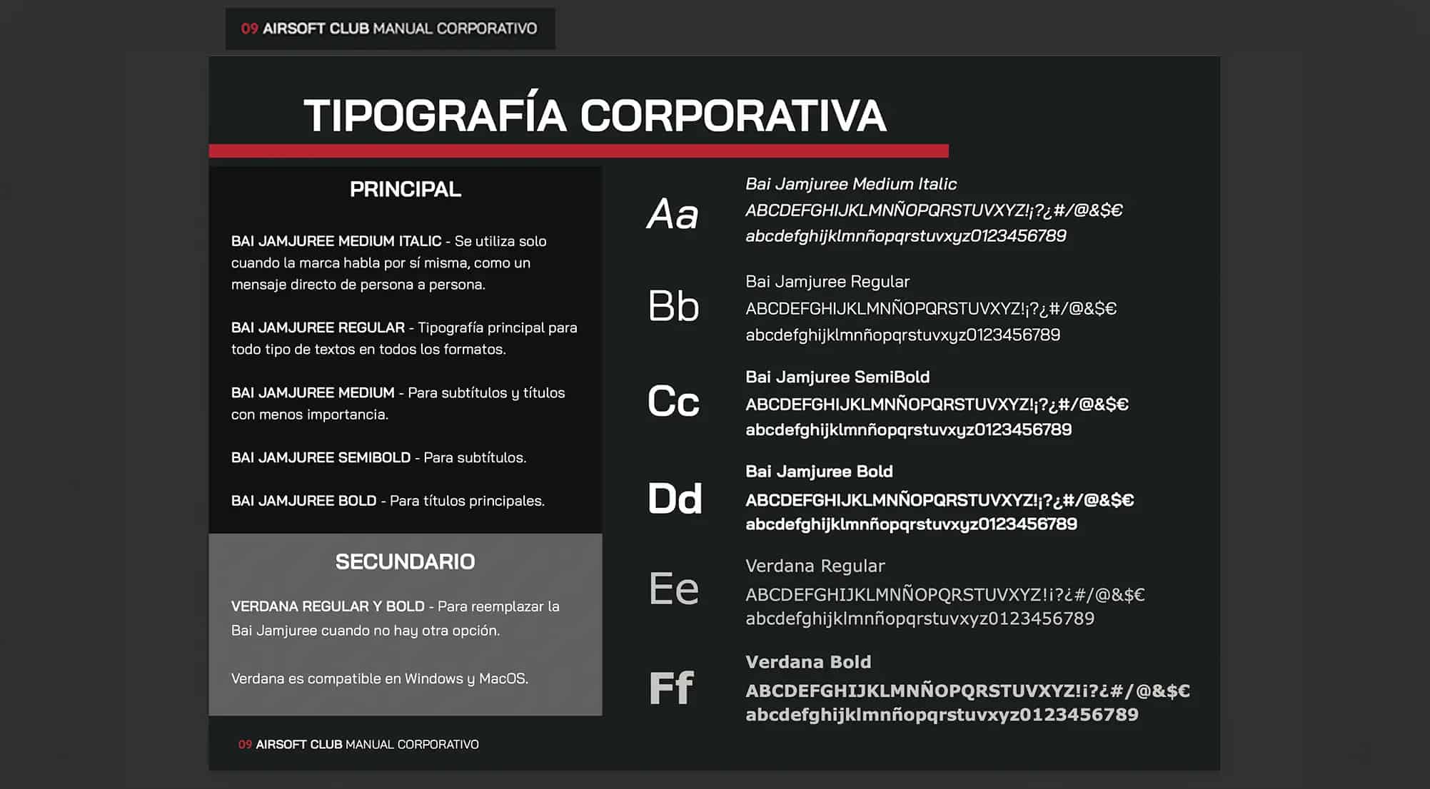 Airsoft Club corporate typography guidelines showing primary and secondary font specifications.