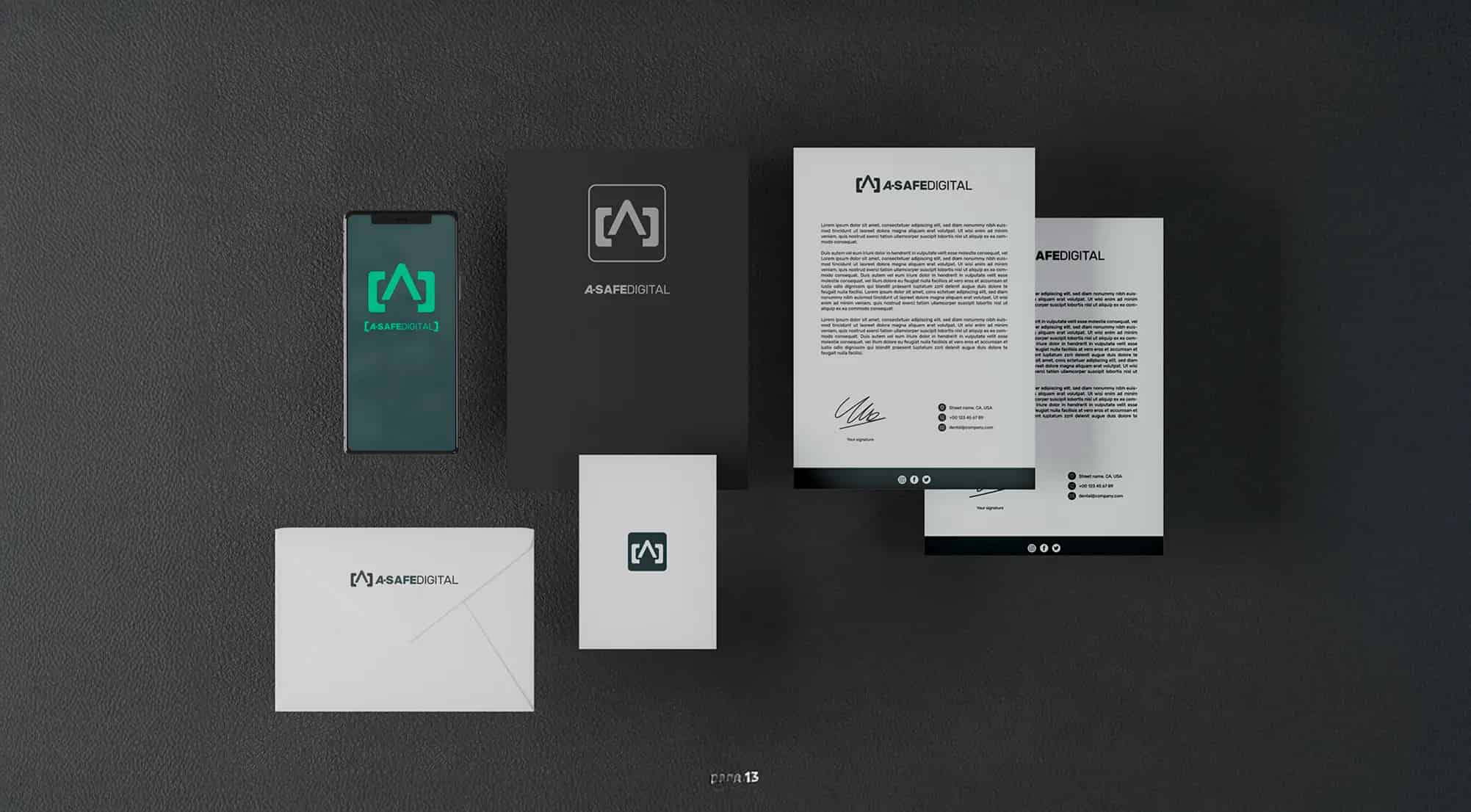 A-SAFE Digital brand identity applications showing logo implementation across business cards, letterheads, and digital mockups.