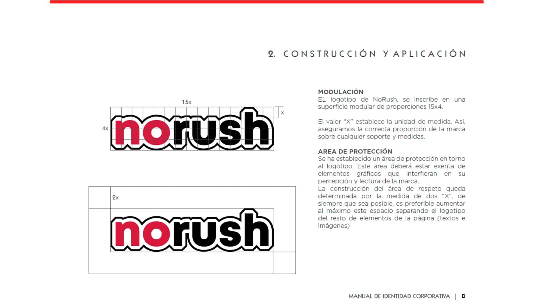 noRush brand identity manual page showing logo construction guidelines, minimum size specifications, and application rules for print and digital media.