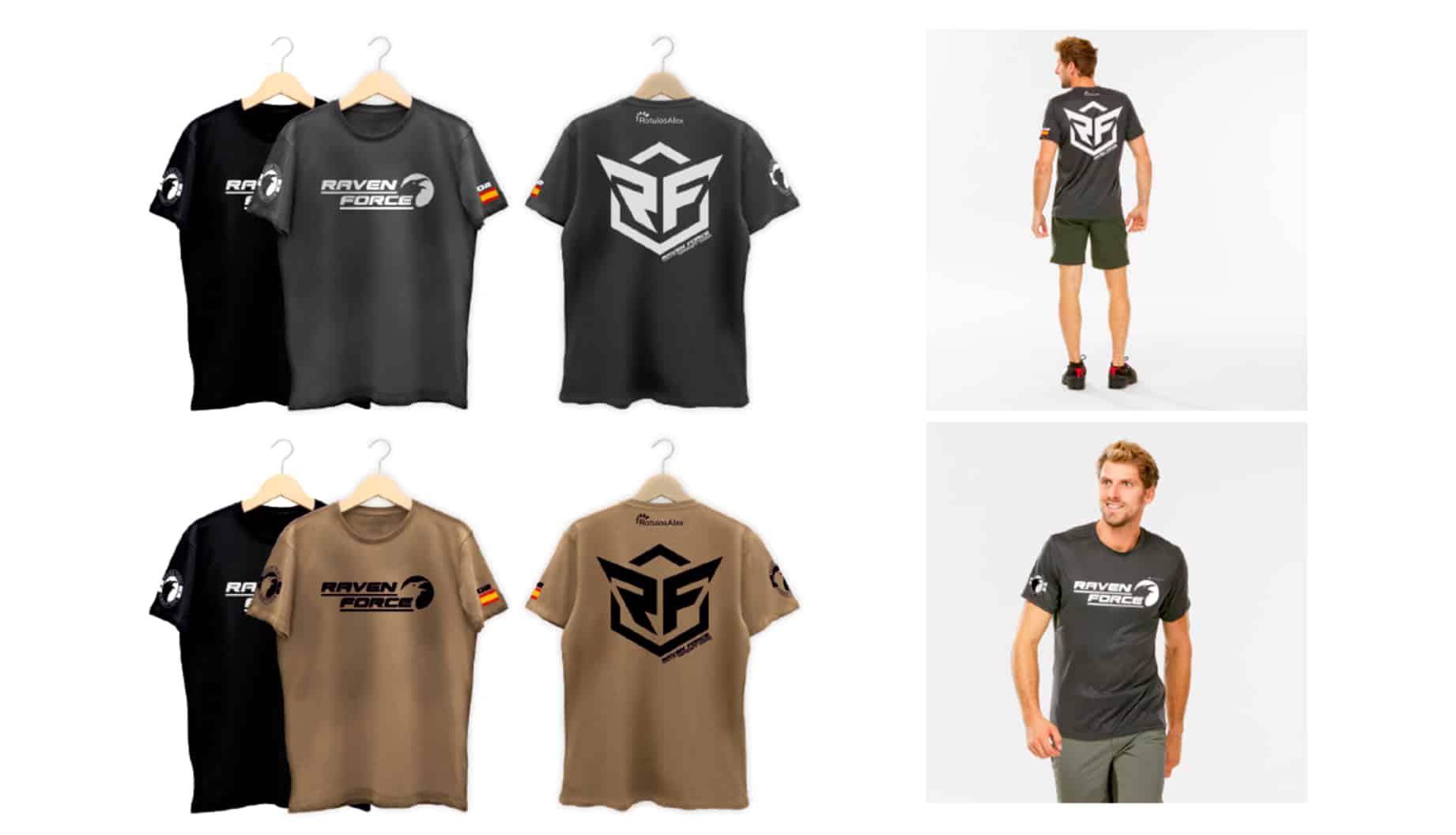 Raven Force airsoft team logo applications on tactical t-shirts showing brand implementation across apparel merchandise.