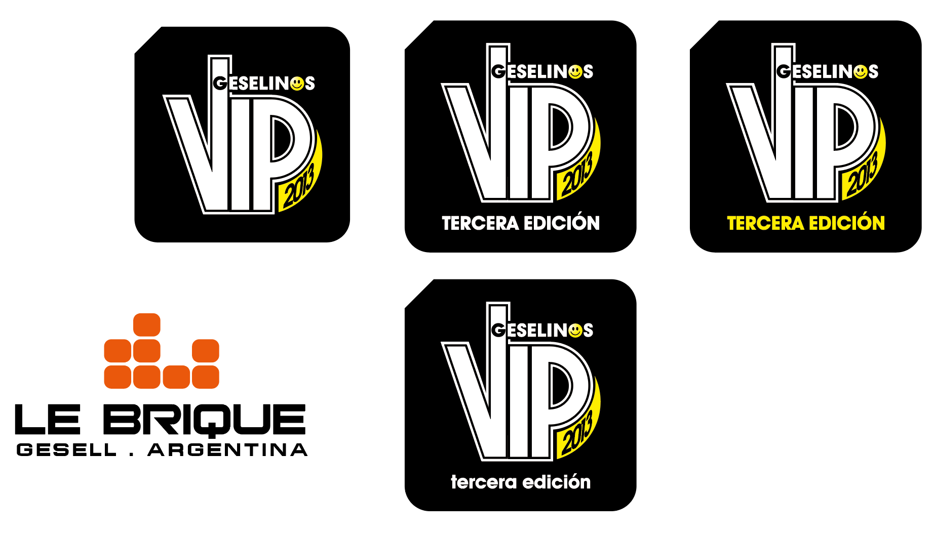 Le Brique logo design featuring modular orange brick pattern and VIP Geselinos event branding variations.