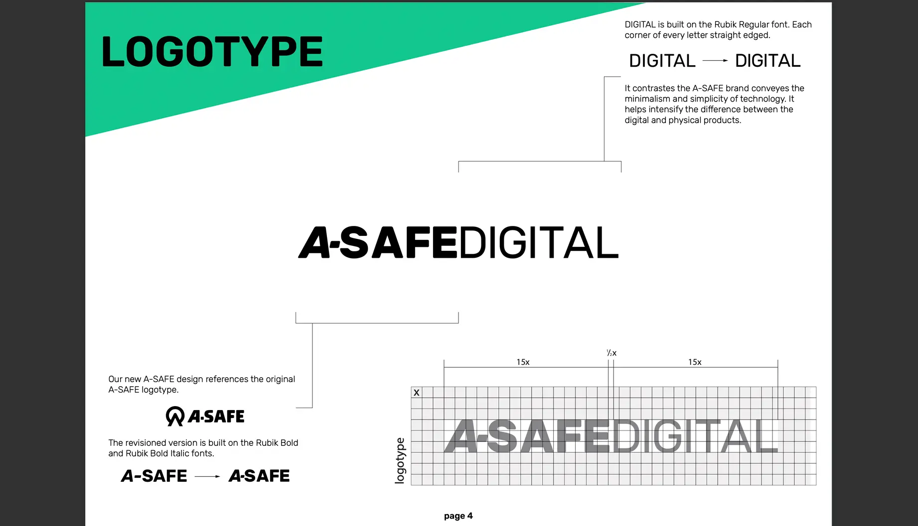 A-SAFE Digital logo rebranding exploration showing typography evolution, construction guidelines, and brand morphology development.