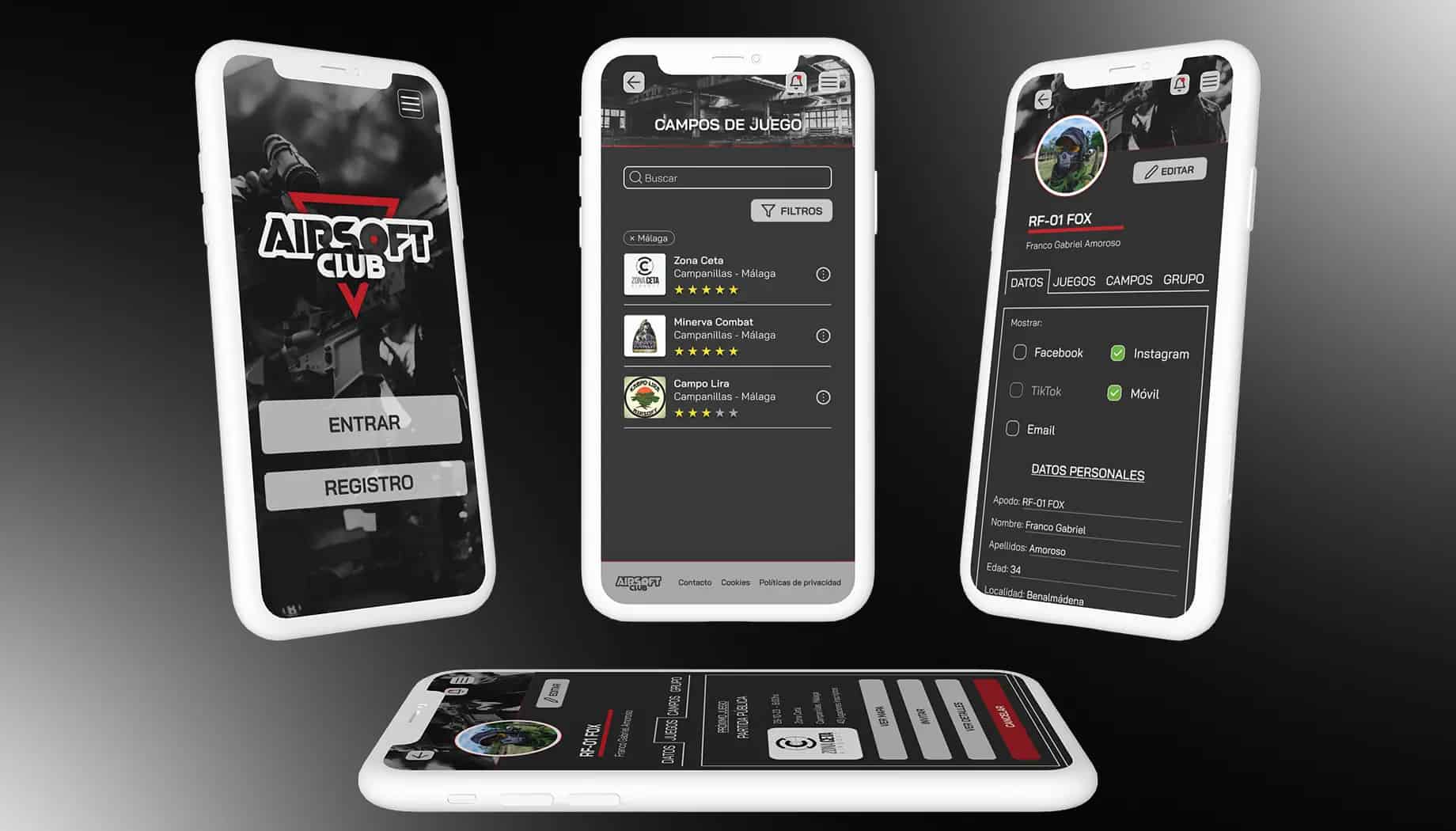 Airsoft Club mobile app interface showcasing social media features for airsoft community.