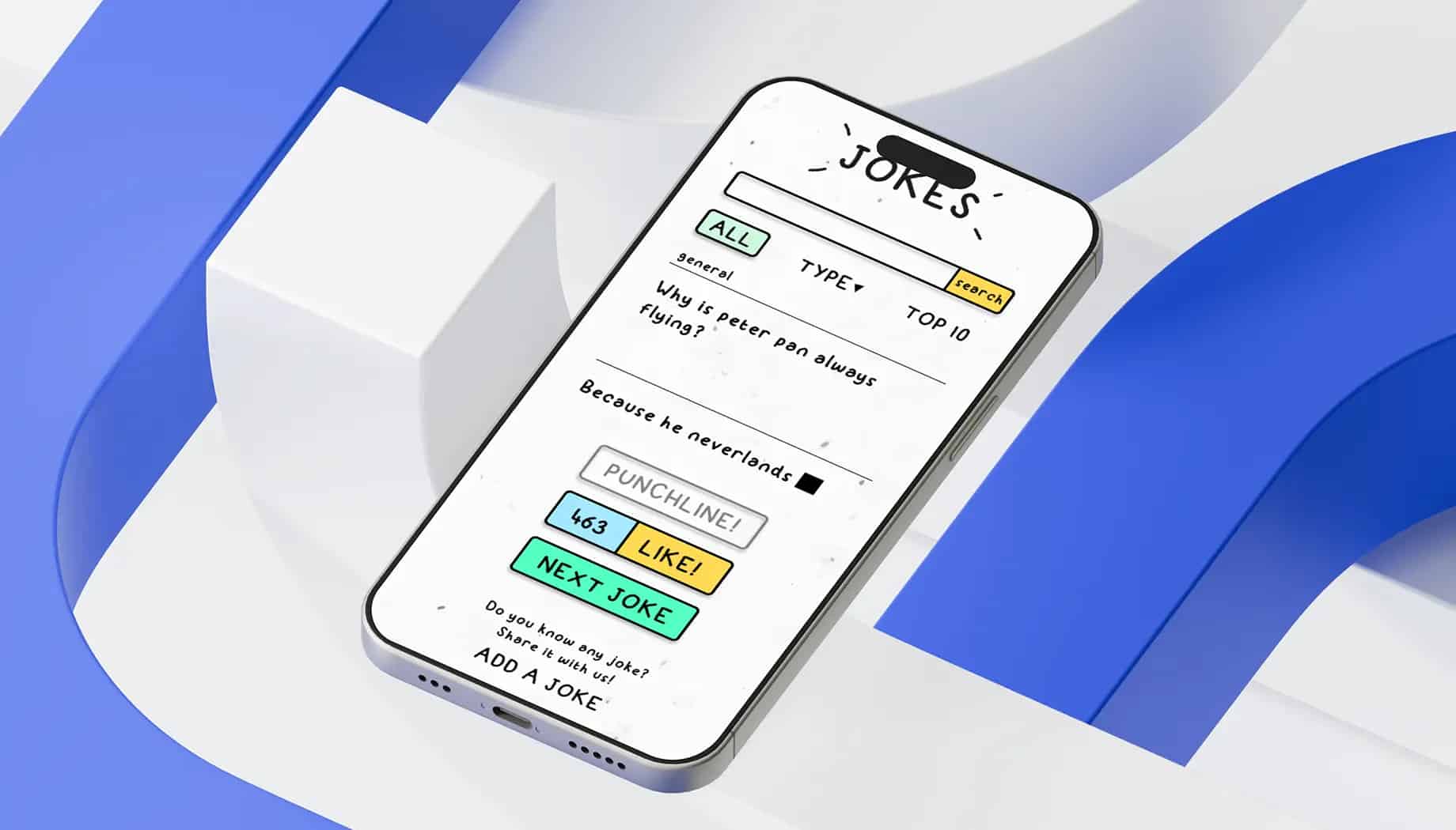 Jokes app interface demonstrating UX/UI design principles and user interaction patterns.