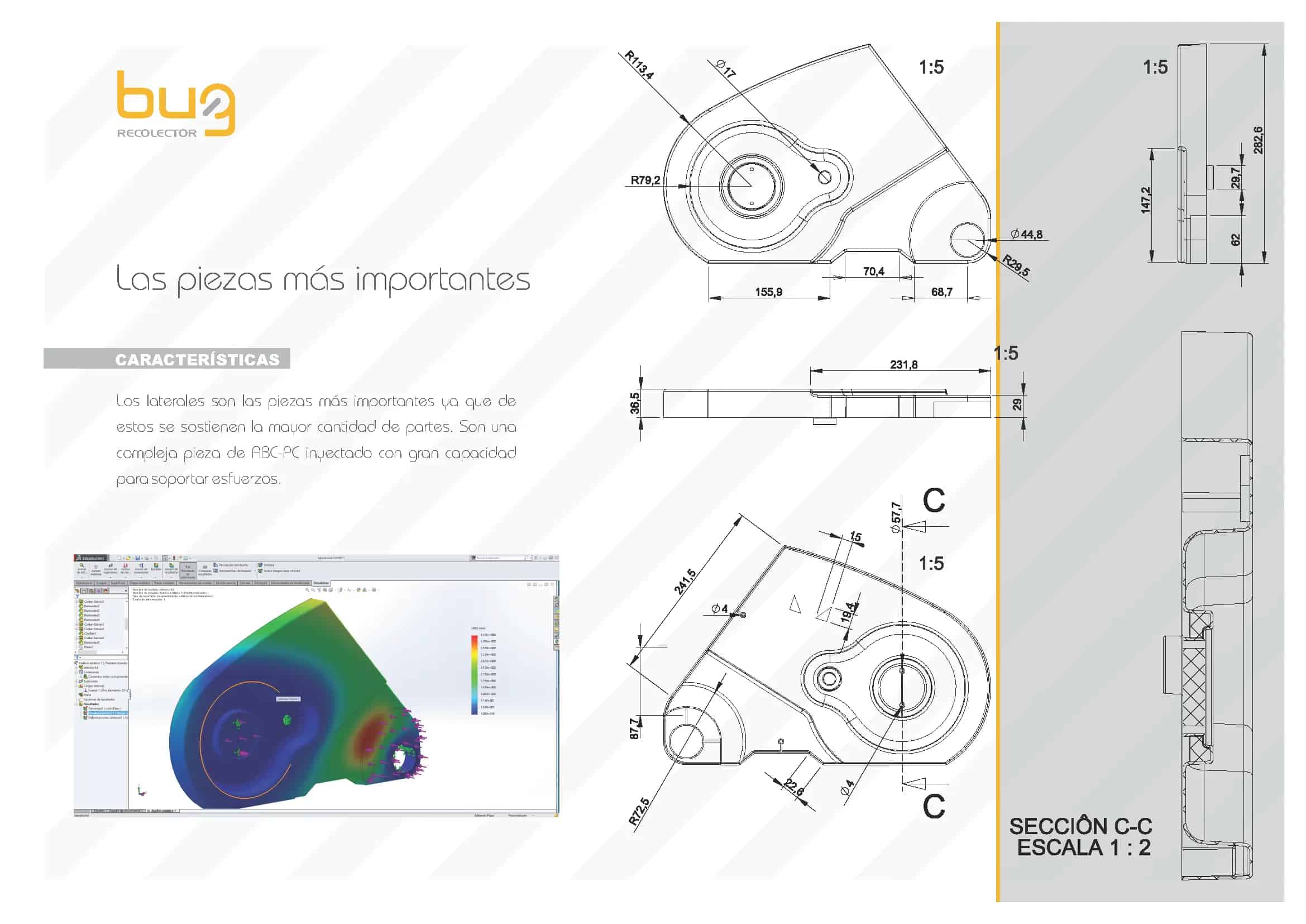 Technical engineering drawings of leaf sweeper side component showing detailed measurements, cross-sections, and stress analysis simulation with color-coded stress mapping.
