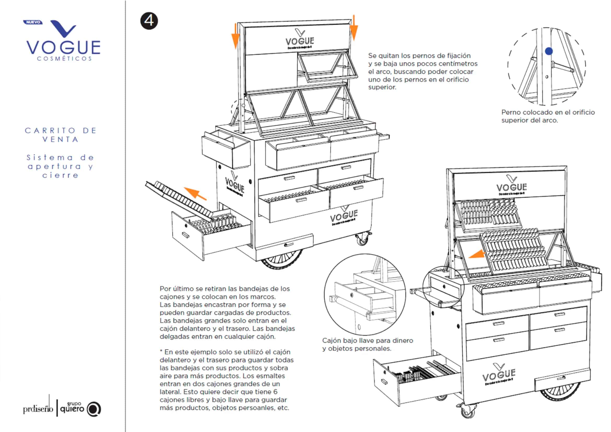 Technical instruction manual page showing Vogue Cosmetics mobile retail cart with detailed assembly diagrams, opening/closing mechanisms, and step-by-step usage instructions.
