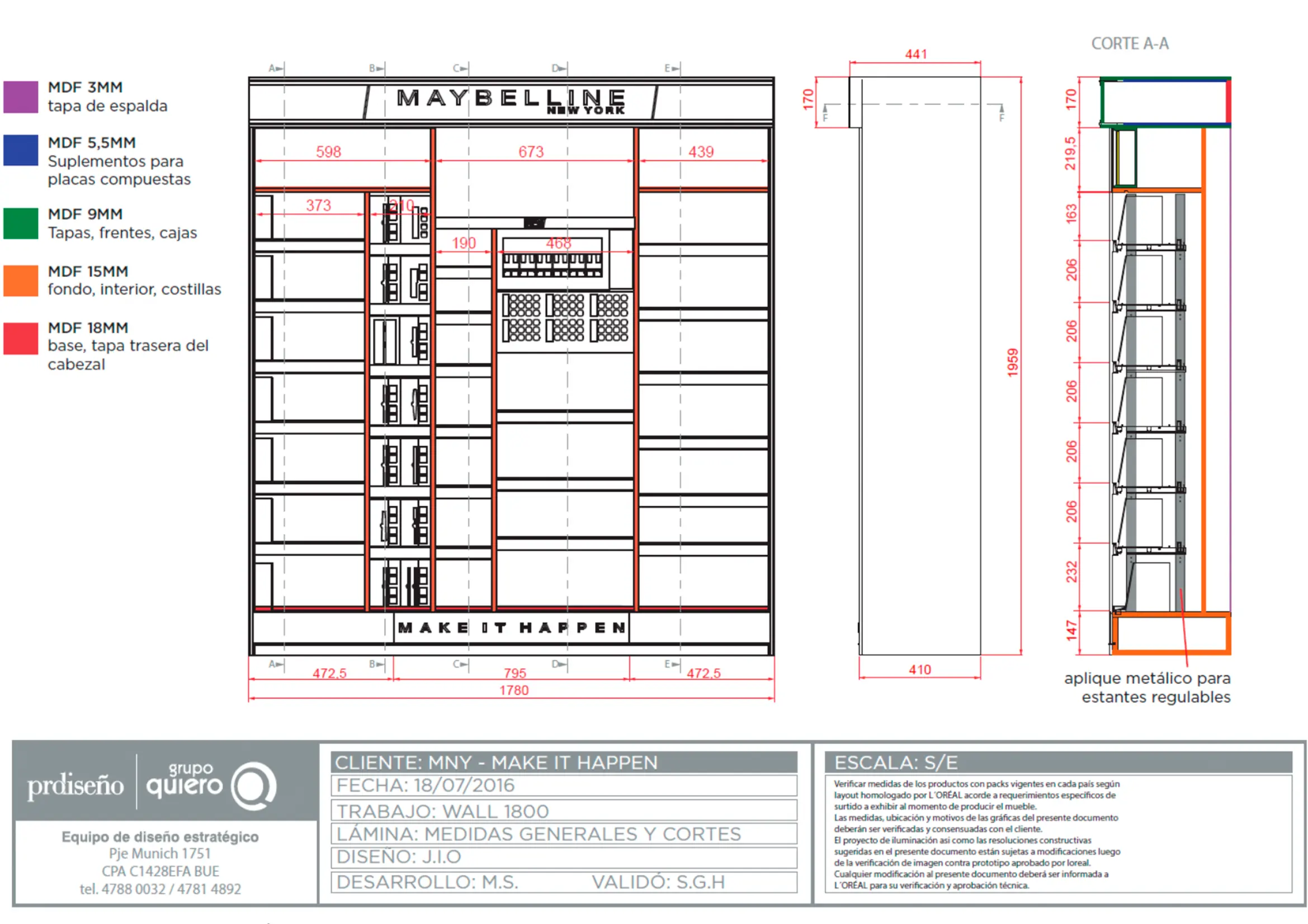 Technical drawing of Maybelline wall display showing detailed construction specifications, material breakdown, and dimensional measurements for modular cosmetics retail unit.