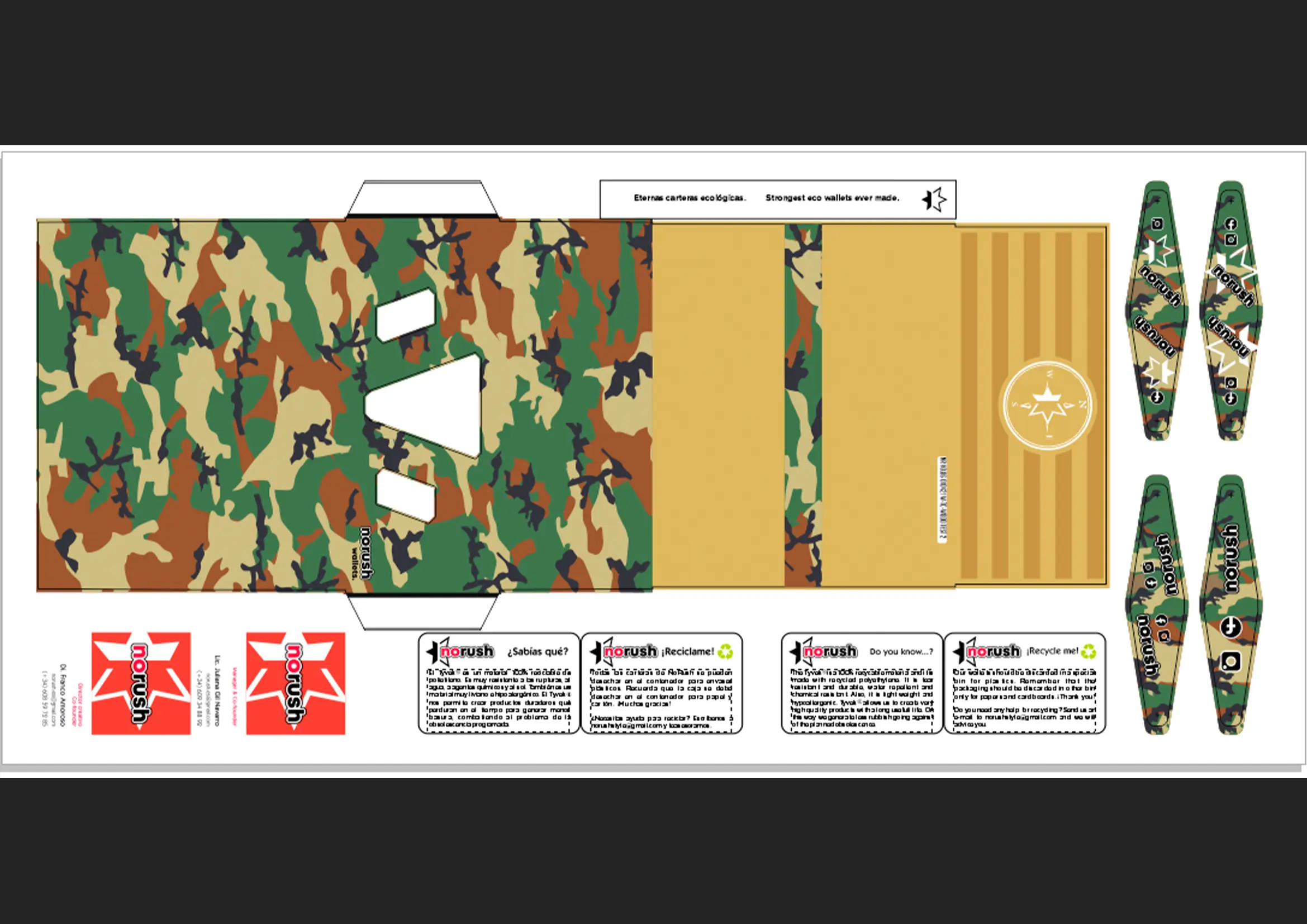 noRush wallet printed dieline artwork featuring military camouflage pattern design with cut lines, fold marks, and branding elements for Tyvek® material production.