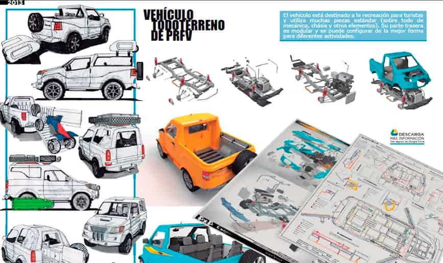 Modular four-wheel drive utility vehicle design featuring fiberglass construction with multiple body configurations, exploded assembly views, technical drawings, and orange prototype model showcasing customizable platform for small-scale manufacturing.