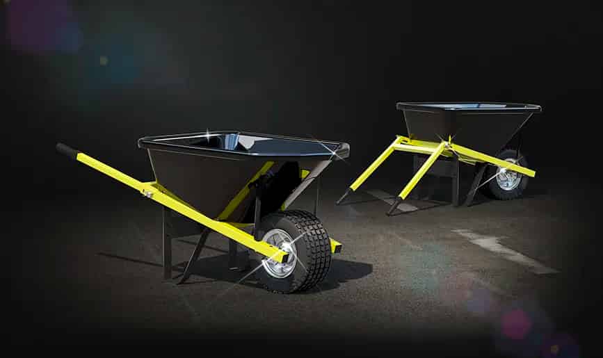 Heavy-duty wheelbarrow featuring innovative articulated handle system, demonstrating adjustable angle mechanism for ergonomic unloading and back injury prevention during heavy labor work.