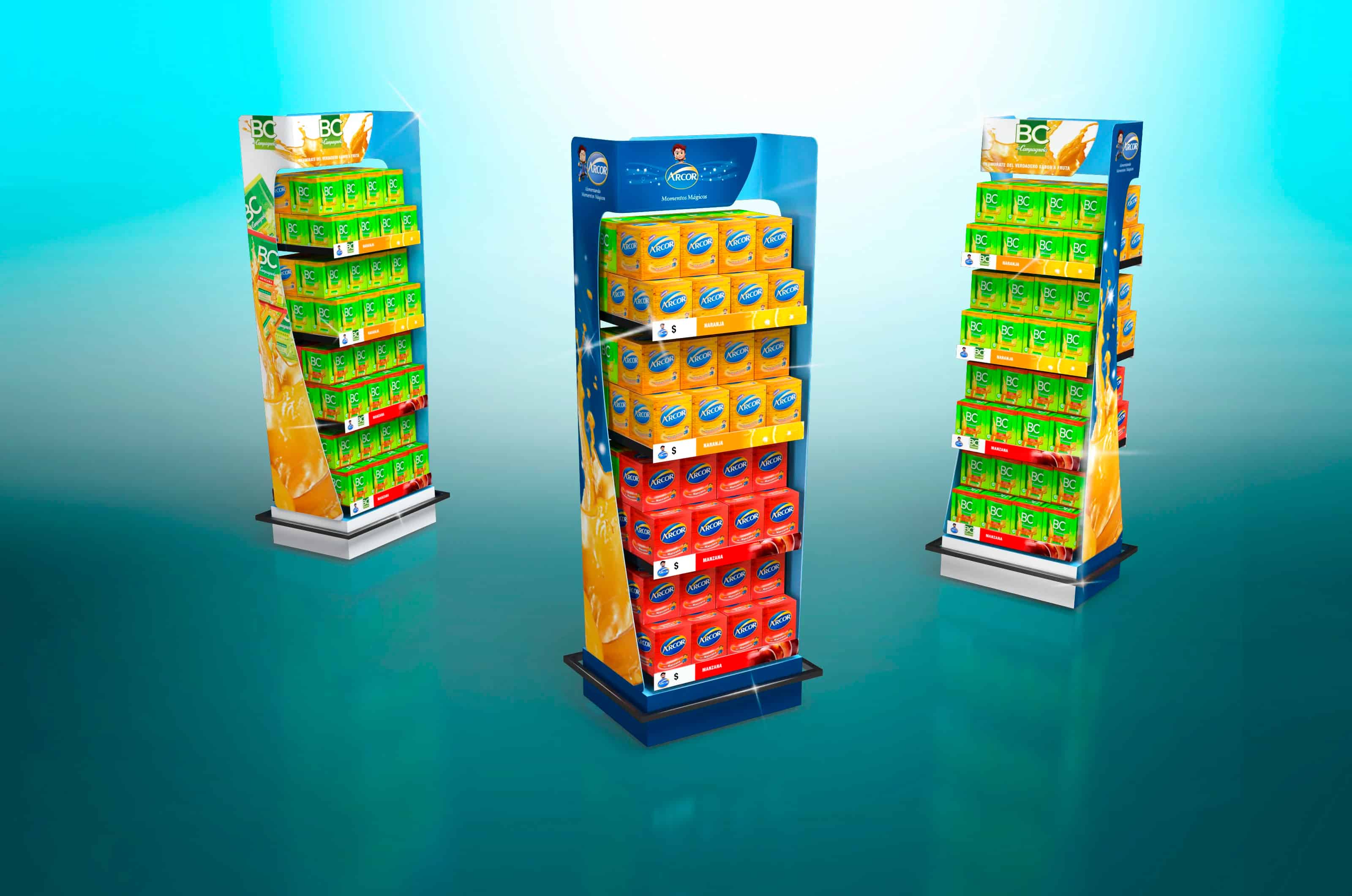 Three vertical Arcor retail displays