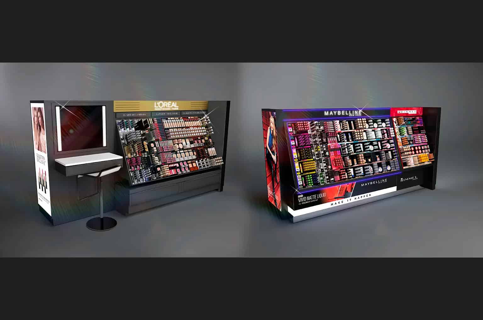 Two large cosmetics retail island displays - L'Oréal Paris and Maybelline New York 360º merchandising units featuring comprehensive product organization and brand-specific design elements in modern shopping center environment.
