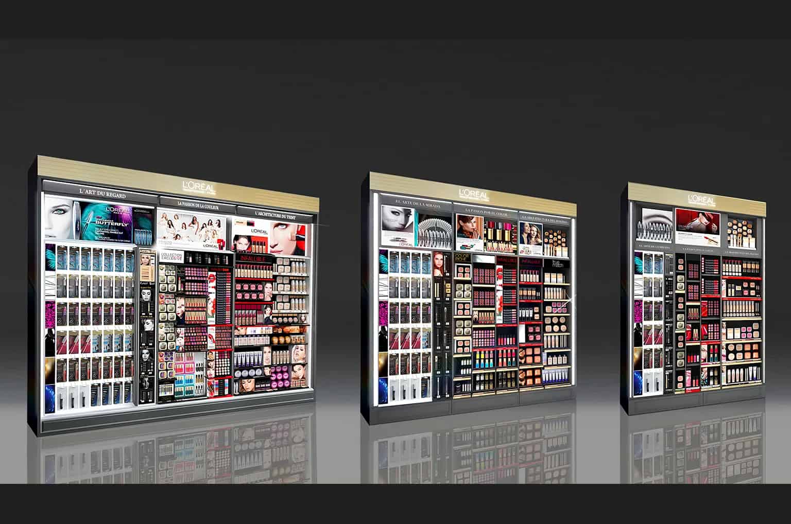 Three large L'Oréal Paris cosmetics retail display walls featuring organized product merchandising systems with makeup, skincare, and beauty products in sleek modular units.