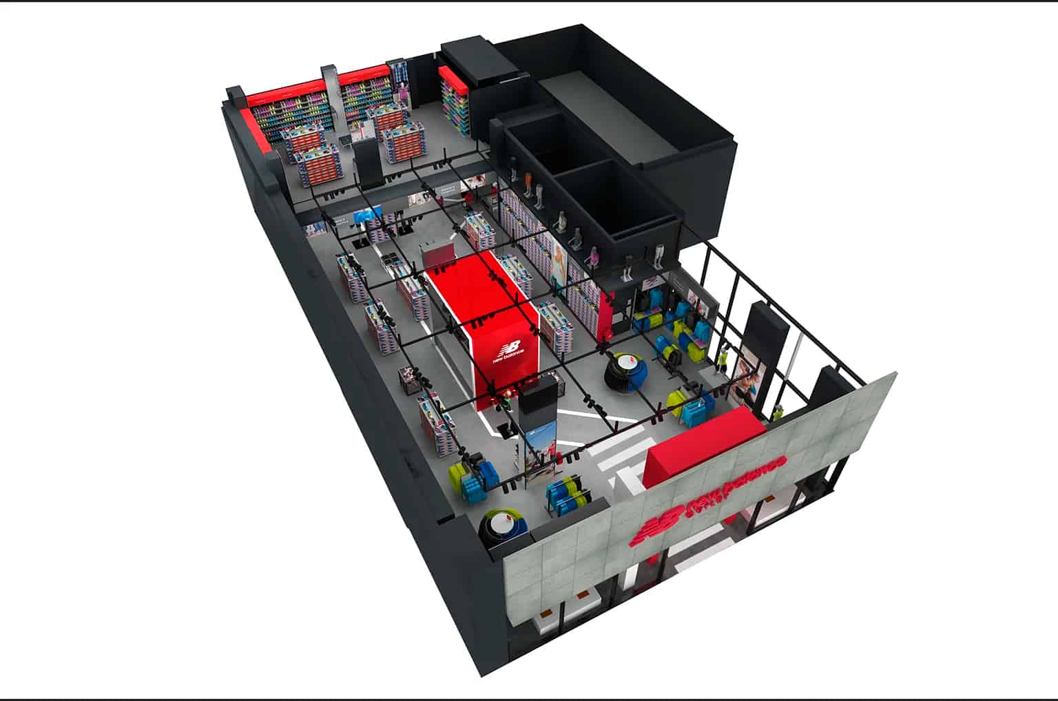 3D architectural rendering of New Balance outlet store interior design featuring red and black brand elements, organized product displays, and modern retail layout with athletic footwear merchandising areas.