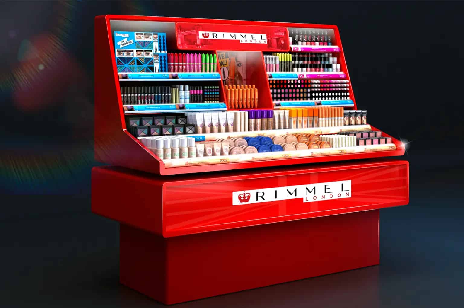 Rimmel London cosmetics retail display.