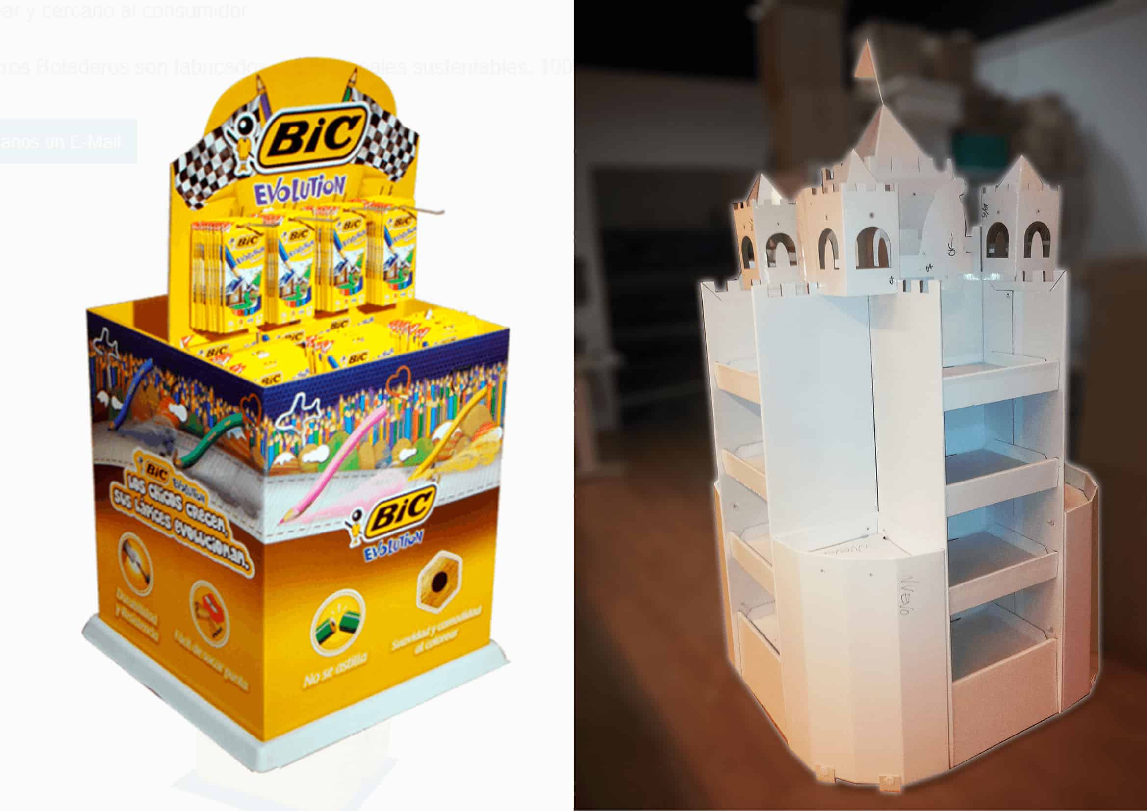 BIC Evolution display featuring vibrant alongside white corrugated cardboard prototype showing castle-inspired morphology with multiple product shelves.