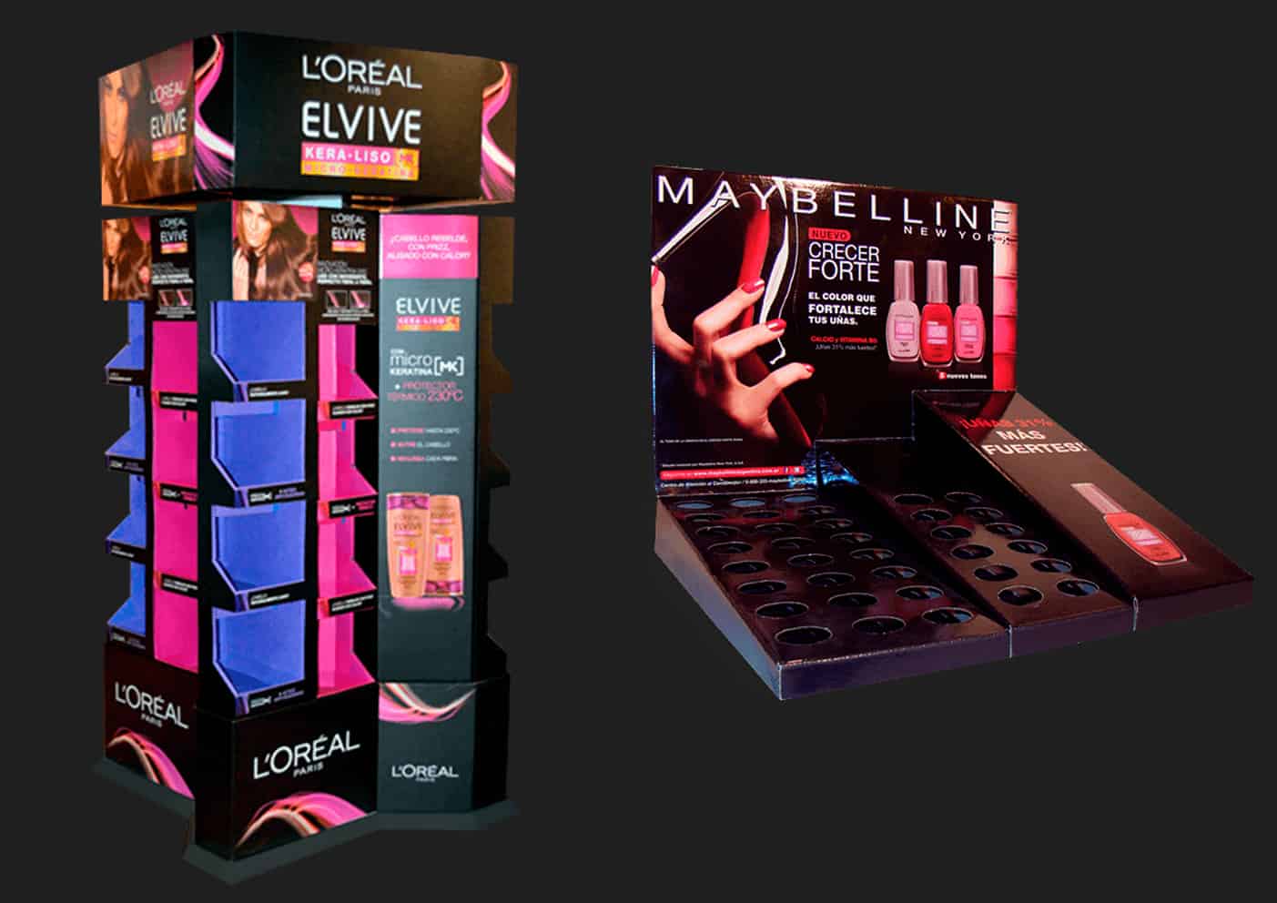 L'Oréal Paris Elvive hair care display tower and Maybelline New York nail polish counter display showcasing organized product merchandising with brand-specific design elements.