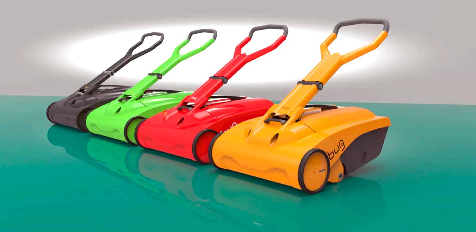 Four BUG mechanical leaf sweepers in different colors - black, green, red, and orange -.