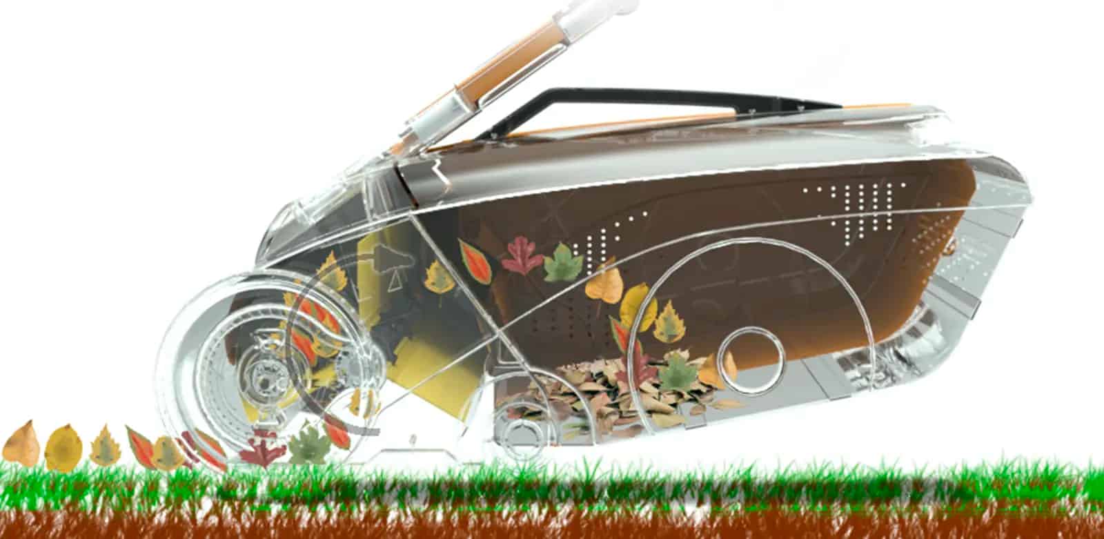 Technical cutaway diagram of BUG leaf sweeper showing internal brush mechanism and leaf collection system with colorful autumn leaves being swept from grass into collection chamber.
