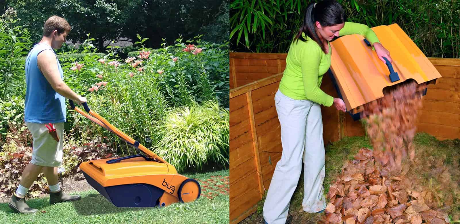 Two-panel demonstration of BUG mechanical leaf sweeper showing man using orange and black sweeper to clean garden lawn on left, and woman emptying collected leaves from hinged collection chamber on right.