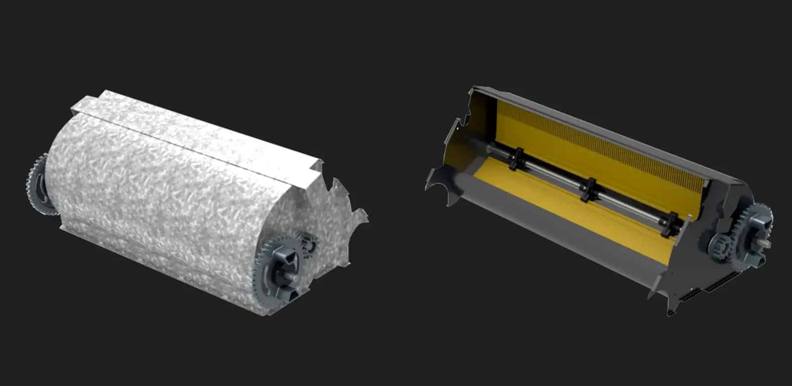 Technical 3D rendering of BUG leaf sweeper's internal mechanism showing gear system and encapsulated brush assembly.