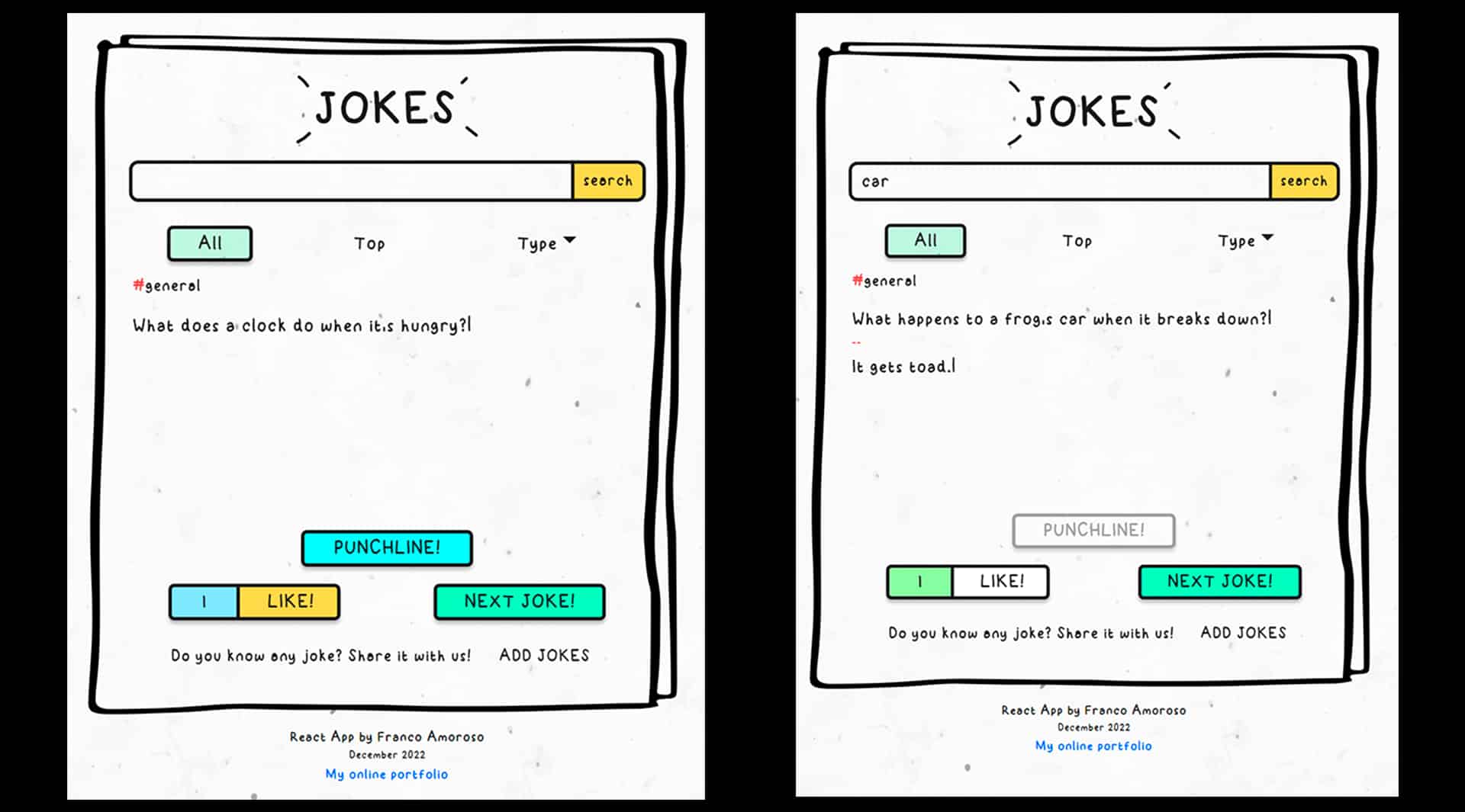 The Jokes API interface showcasing a random joke.